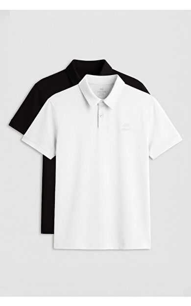 Standart Fit Basic Polo Yaka 2li Paket Siyah-Beyaz Erkek T-Shirt - 87748