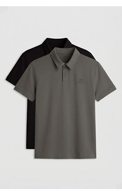 Standart Fit Basic Polo Yaka 2li Paket Siyah-Çağla Erkek T-Shirt - 87748