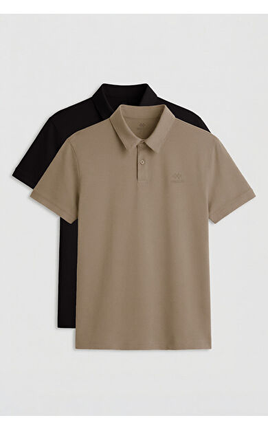 Standart Fit Basic Polo Yaka 2li Paket Siyah-Koyu Bej Erkek T-Shirt - 87748