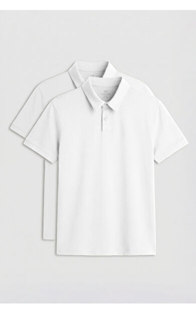 Standart Fit Basic Polo Yaka 2li Paket Beyaz Erkek T-Shirt - 87768