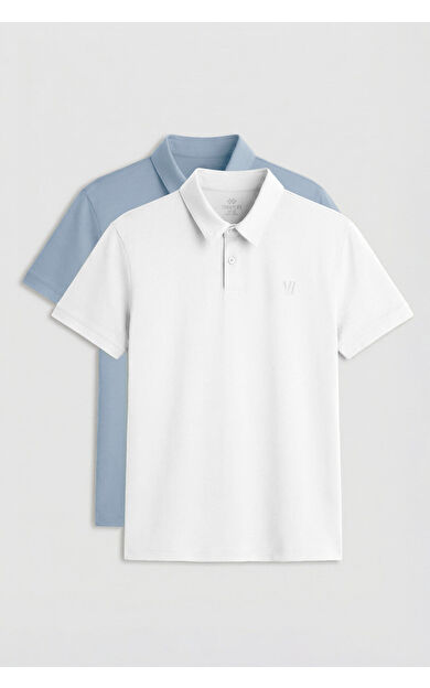 Standart Fit Basic Polo Yaka 2li Paket Beyaz-Buz Mavi Erkek T-Shirt - 87768