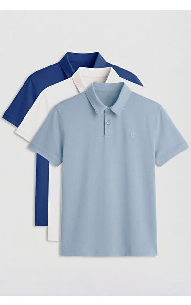 Standart Fit Basic Polo Yaka 3lü Paket Ekru-Buz Mavi-Parlament Erkek T-Shirt - 87768