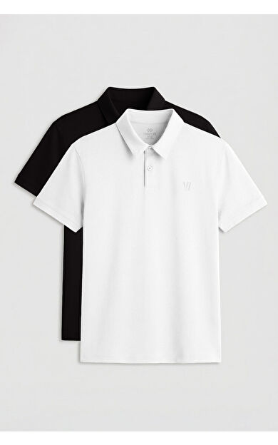 Standart Fit Basic Polo Yaka 2li Paket Siyah-Beyaz Erkek T-Shirt - 87768