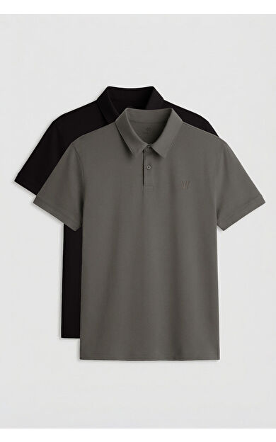 Standart Fit Basic Polo Yaka 2li Paket Siyah-Çağla Erkek T-Shirt - 87768