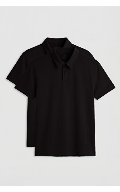 Standart Fit Basic Polo Yaka 2li Paket Siyah Erkek T-Shirt - 87768