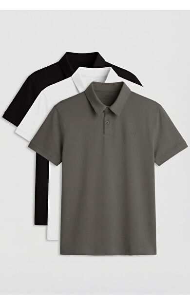 Standart Fit Basic Polo Yaka  3lü Paket Siyah-Beyaz-Çağla Erkek T-Shirt  87768