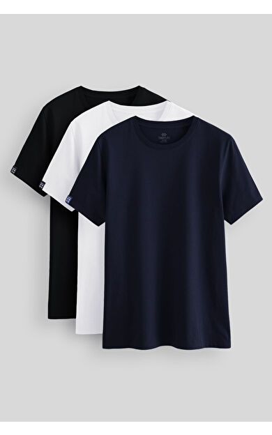 Standart Fit Basic O Yaka  3lü Paket Siyah-Beyaz-Lacivert Erkek T-Shirt  87911
