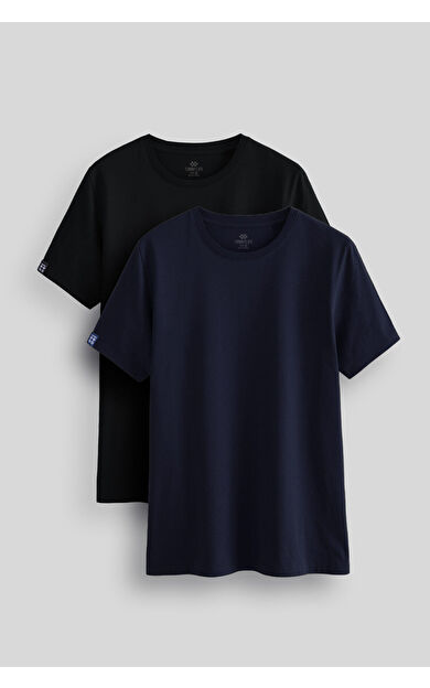 Standart Fit Basic O Yaka 2li Paket Siyah-Lacivert Erkek T-Shirt - 87911