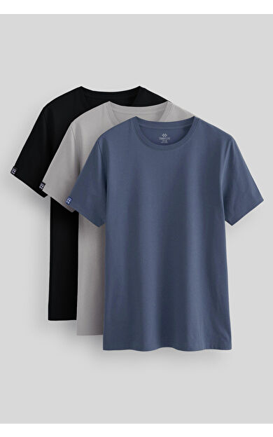 Standart Fit Basic O Yaka  3lü Paket Siyah-Petrol-Taş Erkek T-Shirt - 87911