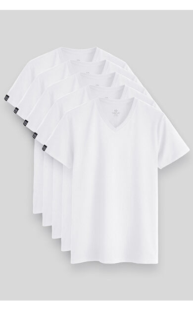 Standart Fit Basic V Yaka  5li Paket Beyaz Erkek T-Shirt  87912