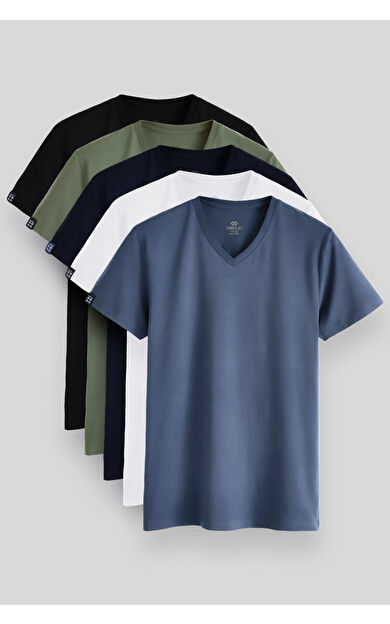 Standart Fit Basic V Yaka 5li Paket Erkek T-Shirt - 87912
