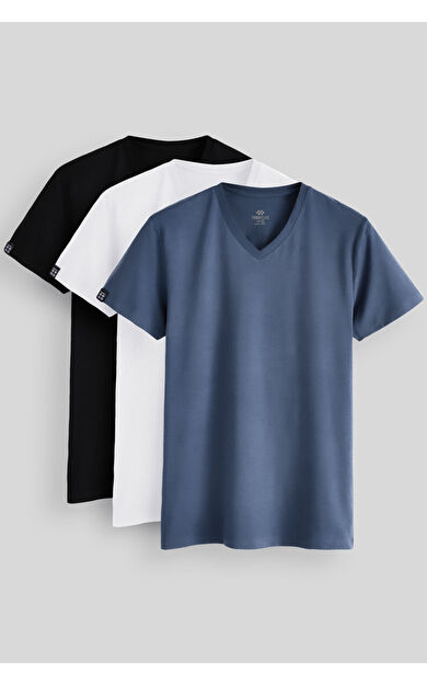 Standart Fit Basic V Yaka  3lü Paket Siyah-Beyaz-Petrol Erkek T-Shirt  87912
