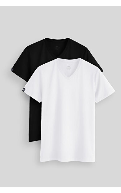 TommyLife Standart Fit Basic V Yaka 2li Paket Siyah-Beyaz Erkek T-Shirt - 87912