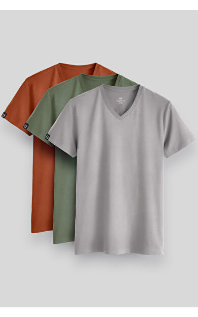 Standart Fit Basic V Yaka 3lü Paket Taş-Tarçın-Kaktüs Erkek T-Shirt - 87912