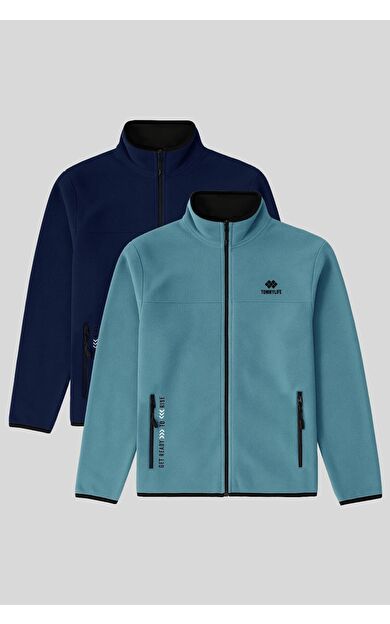 TommyLife Standart Kalıp Dik Yaka 2li Paket İndigo-Mint Yeşili Erkek Polar Sweatshirt - 87992