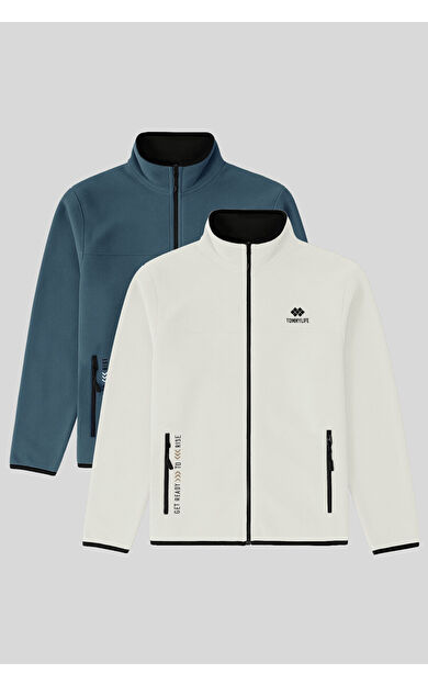 TommyLife Standart Kalıp Dik Yaka 2li Paket Petrol-Ekru Erkek Polar Sweatshirt - 87992
