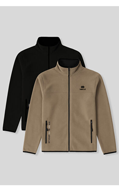 Standart Kalıp Dik Yaka 2li Paket Siyah-Camel Erkek Polar Sweatshirt - 87992