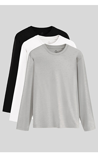 TommyLife Standart Fit Basic O Yaka  3lü Paket Siyah-Beyaz-Gri Melanj Erkek T-Shirt -  87997