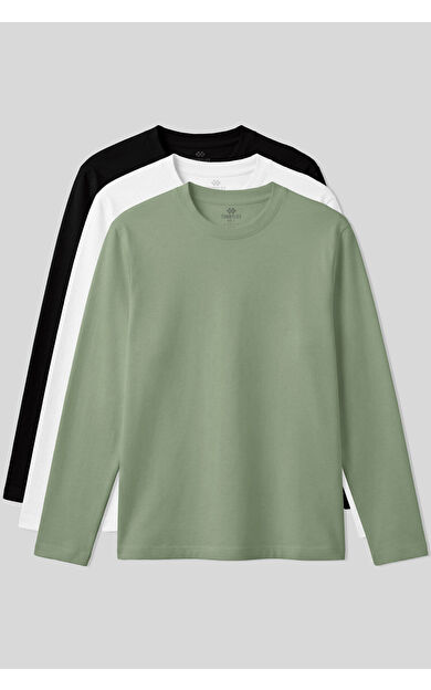 Standart Fit Basic O Yaka  3lü Paket Siyah-Beyaz-Kaktüs Erkek T-Shirt  87997