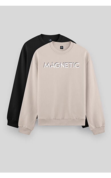 TommyLife Rahat Form O Yaka 2li Paket Siyah-Camel Erkek Sweatshirt - 88020