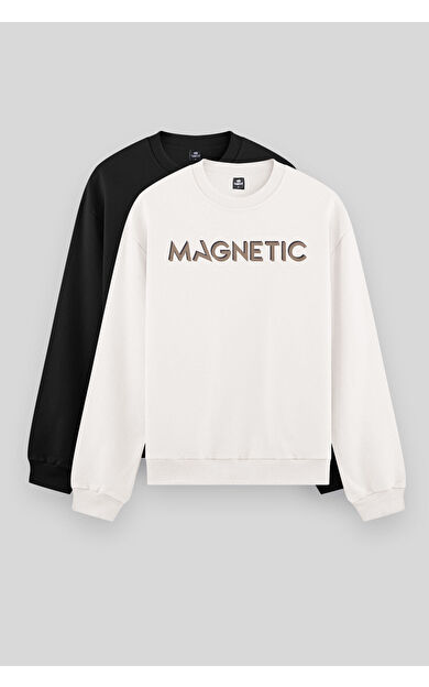 TommyLife Rahat Form O Yaka 2li Paket Siyah-Ekru Erkek Sweatshirt - 88020