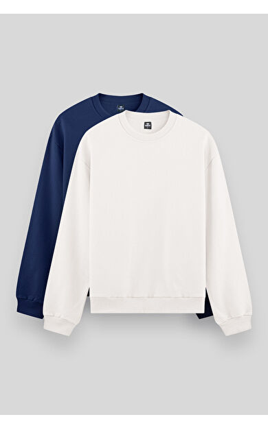 TommyLife Standart Fit Basic O Yaka 2li Paket Ekru-Parlament Erkek Sweatshirt - 88053