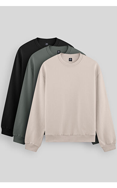 Standart Fit Basic O Yaka  3lü Paket Siyah-Bej-Çağla Erkek Sweatshirt 88053