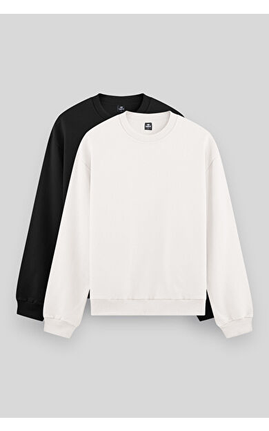 TommyLife Standart Fit Basic O Yaka 2li Paket Siyah-Ekru Erkek Sweatshirt - 88053