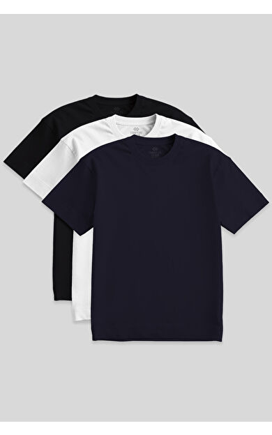 TommyLife Basic O Yaka Büyük Beden  3lü Paket Siyah-Beyaz-Lacivert  Erkek T-Shirt  88072