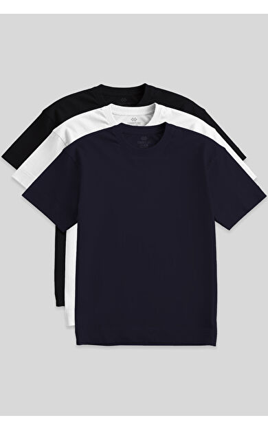Basic O Yaka Büyük Beden  3lü Paket Siyah-Beyaz-Lacivert  Erkek T-Shirt  88072