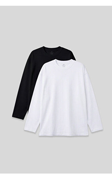 Basic O Yaka Büyük Beden 2li Paket Siyah - Beyaz Erkek T-Shirt - 88107