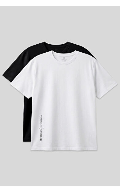 Baskılı Rahat Form 2li Paket Siyah-Beyaz Büyük Beden Erkek T-Shirt - 88472