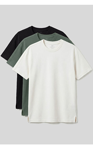 Rahat Form O Yaka 3lü Paket Siyah-Ekru-Açık Yeşil Erkek T-Shirt - 88495