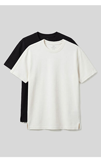 Rahat Form O Yaka 2li Paket Siyah-Ekru Erkek T-Shirt - 88495