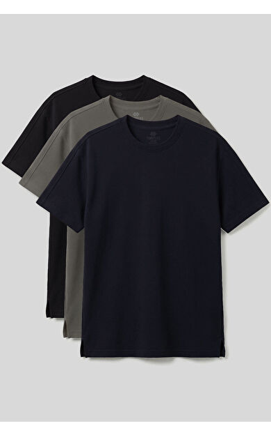 Rahat Form O Yaka 3lü Paket Siyah-Haki-Lacivert Erkek T-Shirt - 88495