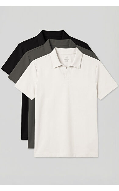 Rahat Form Polo Yaka 3lü Paket Siyah-Haki-Ekru Erkek T-Shirt - 88496