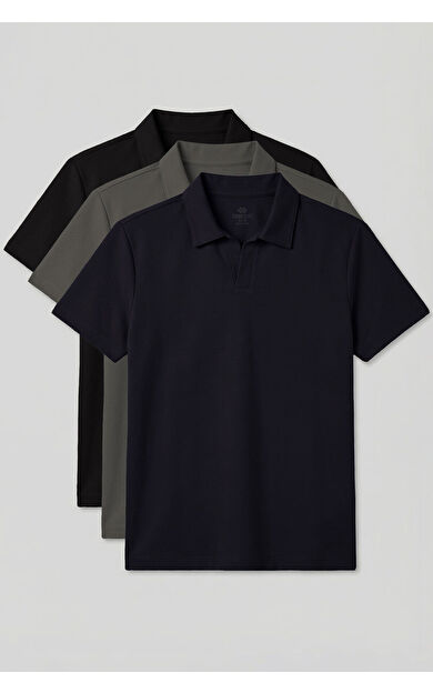 Rahat Form Polo Yaka 3lü Paket Siyah-Haki-Lacivert Erkek T-Shirt - 88496