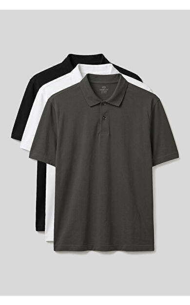 Polo Yaka Büyük Beden 3lü Paket Siyah-Beyaz-Haki Erkek T-Shirt - 88511
