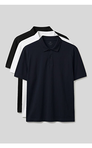 Polo Yaka Büyük Beden 3lü Paket Siyah-Beyaz-Lacivert Erkek T-Shirt - 88511