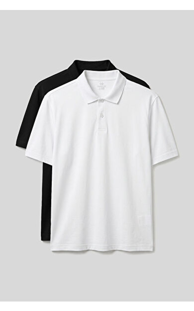 Polo Yaka Büyük Beden 2li Paket Siyah-Beyaz Erkek T-Shirt - 88511