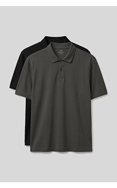 Polo Yaka Büyük Beden 2li Paket Siyah-Haki Erkek T-Shirt - 88511