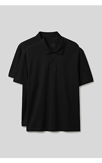 Polo Yaka Büyük Beden 2li Paket Siyah Erkek T-Shirt - 88511