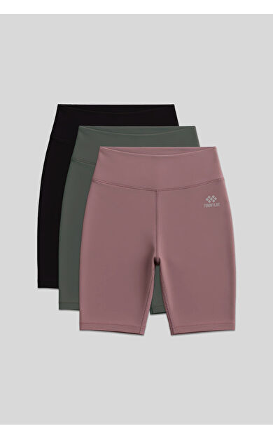 Slim Fit 3lü Paket Siyah-Çağla-Gül Kurusu Kadın Kısa Biker Tayt - 91007