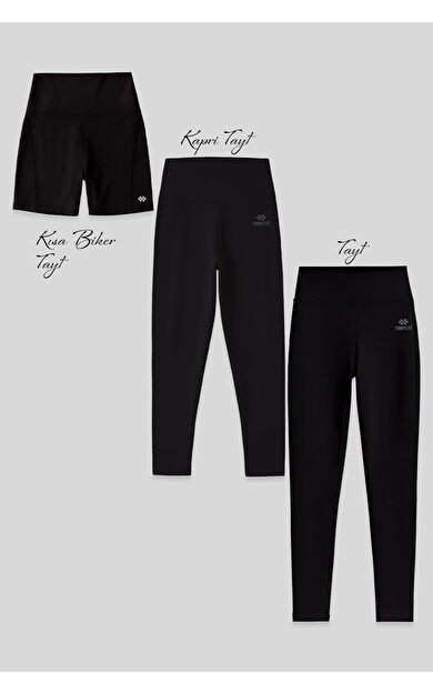 Slim Fit Yüksek Bel 3lü Paket Siyah Kadın Tayt