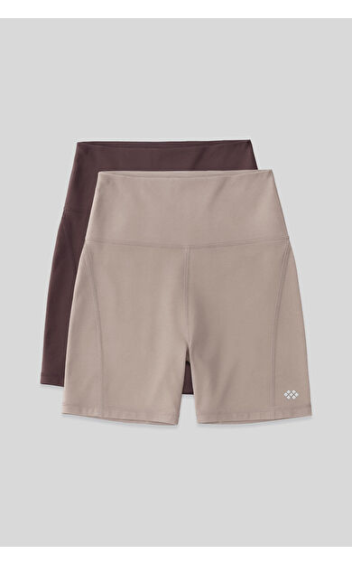 Slim Fit Biker 2li Paket Koyu Bej-Kahverengi Kadın Tayt - 91017