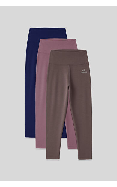 TommyLife Slim Fit 3lü Paket İndigo-Gül Kurusu-Kahverengi Kadın Kapri Tayt - 93097