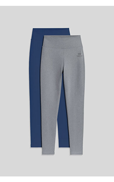 TommyLife Slim Fit 2li Paket İndigo-Gri Melanj Kadın Kapri Tayt - 94011
