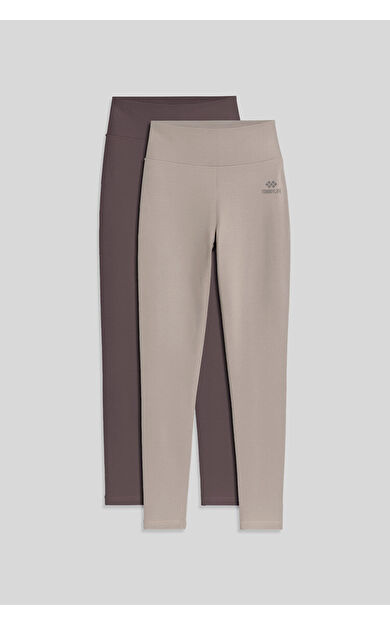 TommyLife Slim Fit 2li Paket Kahverengi-Koyu Bej Kadın Kapri Tayt - 94011