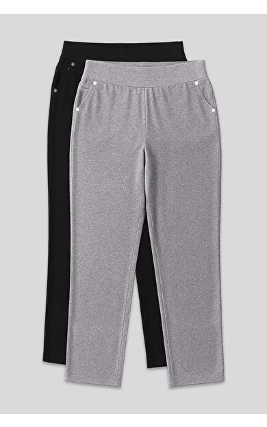 TommyLife Rahat Form 2li Paket Siyah-Gri Melanj Büyük Beden Kadın Eşofman Alt - 94040