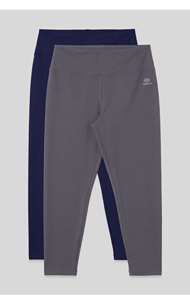 Slim Fit 2li Paket İndigo-Koyu Gri Büyük Beden kadın Tayt - 94650